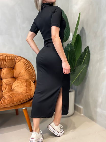 Vestido Midi em Ribana Manga Curta com Gola Gislene Ref. 1697